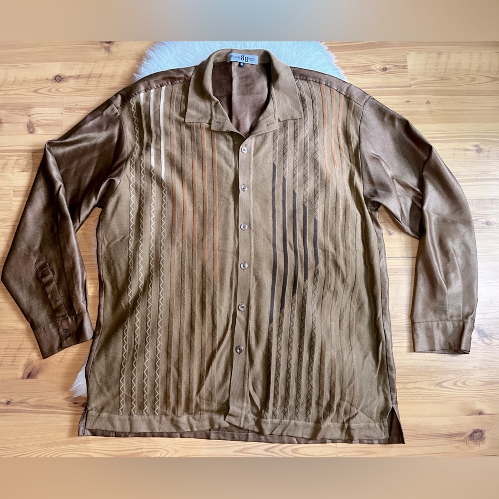 Michael Irvin 88 Long Sleeve Button Down Tan and Brown Striped Shirt Sweater 3XL